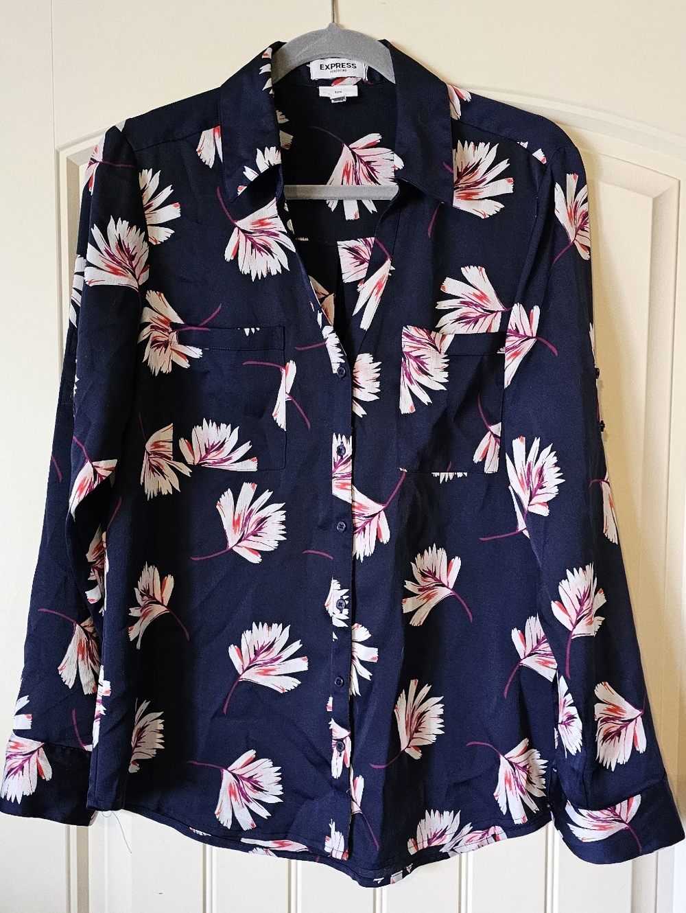 Express Navy Floral Button-Down Shirt with Pink Accents